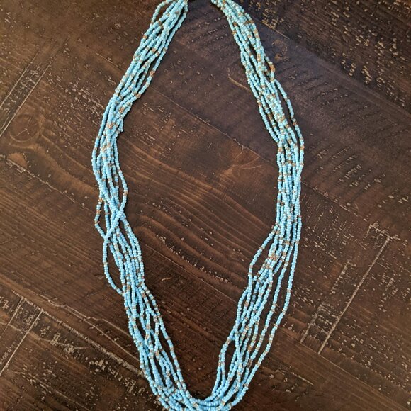 Long Turquoise Multi Strand Seed Bead Necklace Boho Waterfall Style Beaded Blue - Picture 1 of 4